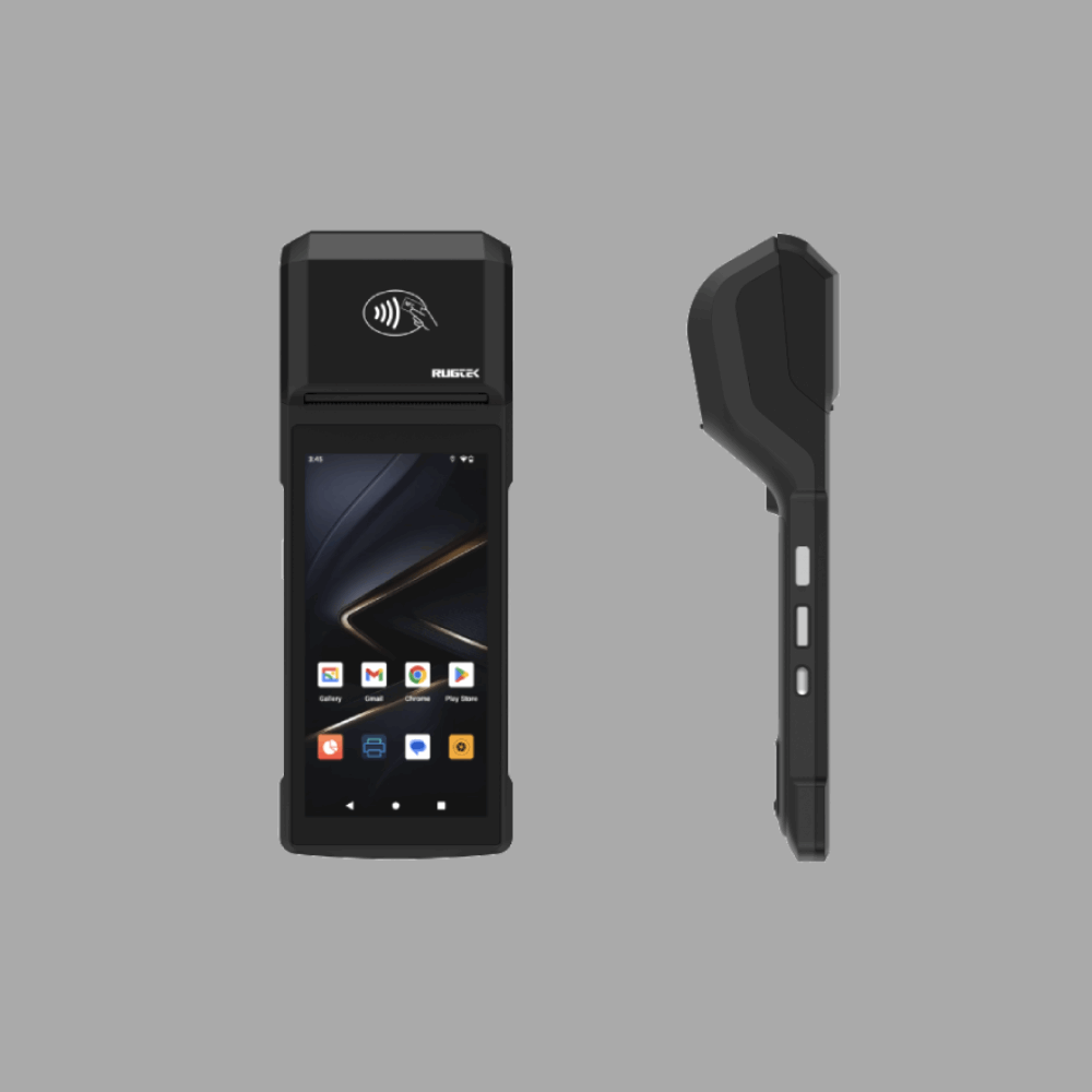 Rugtek I1H 5.5" All-in-One Handheld POS Terminal – Android 14, 3GB RAM, 32GB Storage, Inbuilt Printer, WiFi/BT/LTE, 1 Year Back-to-Bench Warranty - Front and Side View